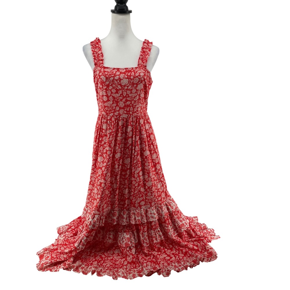 Tiered Maxi Dress‎ Womens Small Red Cottage Country Western Boho Prairie Floral